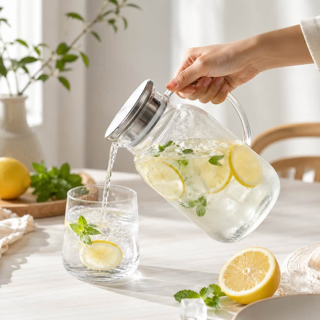 Carafe en verre 1,8 L avec couvercle inox servant une eau citronnée
